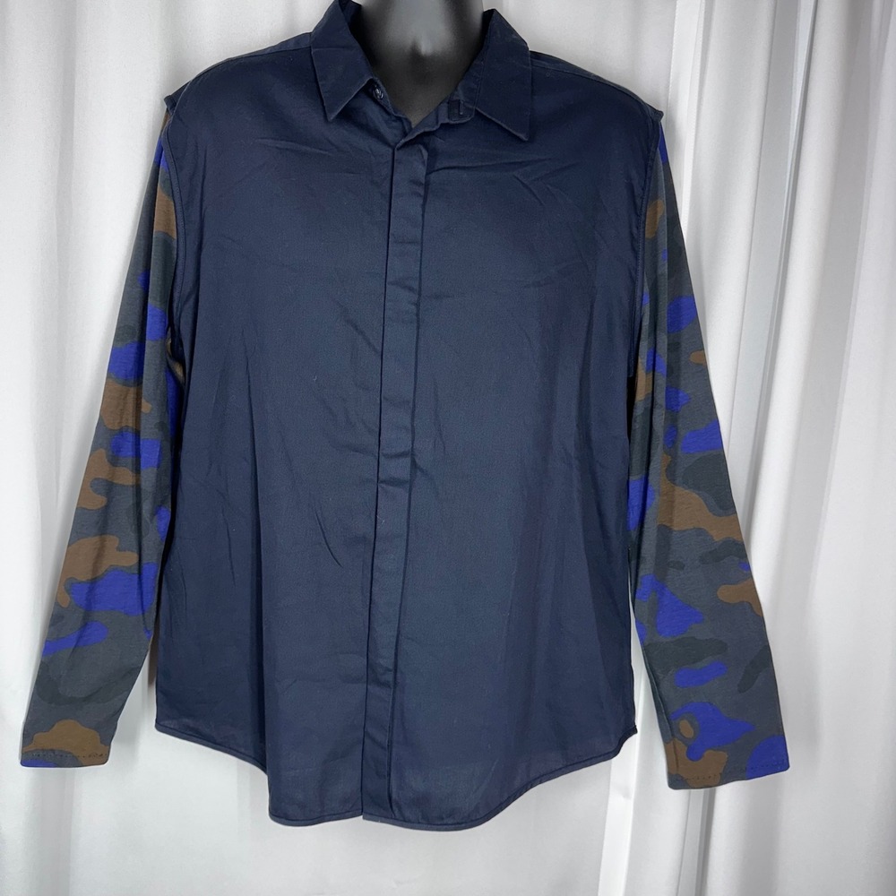 3.1 Phillip‎ Lim 20th Anniversary Shirt Mens L Blue Button Front Camo Sleeve